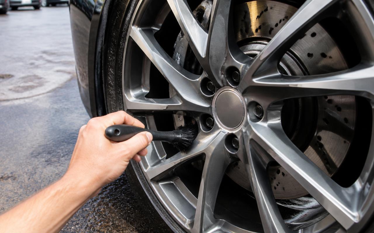 Hand cleaning alloy wheel spokes with a detailing brush during car detailing