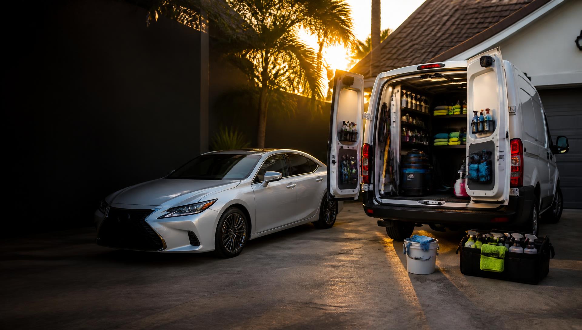 Mobile detailing van parked at golden hour beside a freshly detailed sedan in a residential driveway