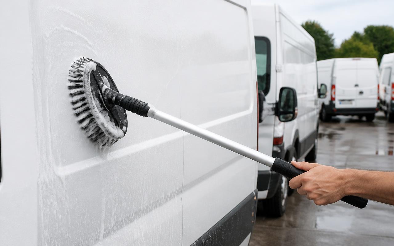 Hand washing a white commercial van with a long-handle brush during fleet vehicle detailing