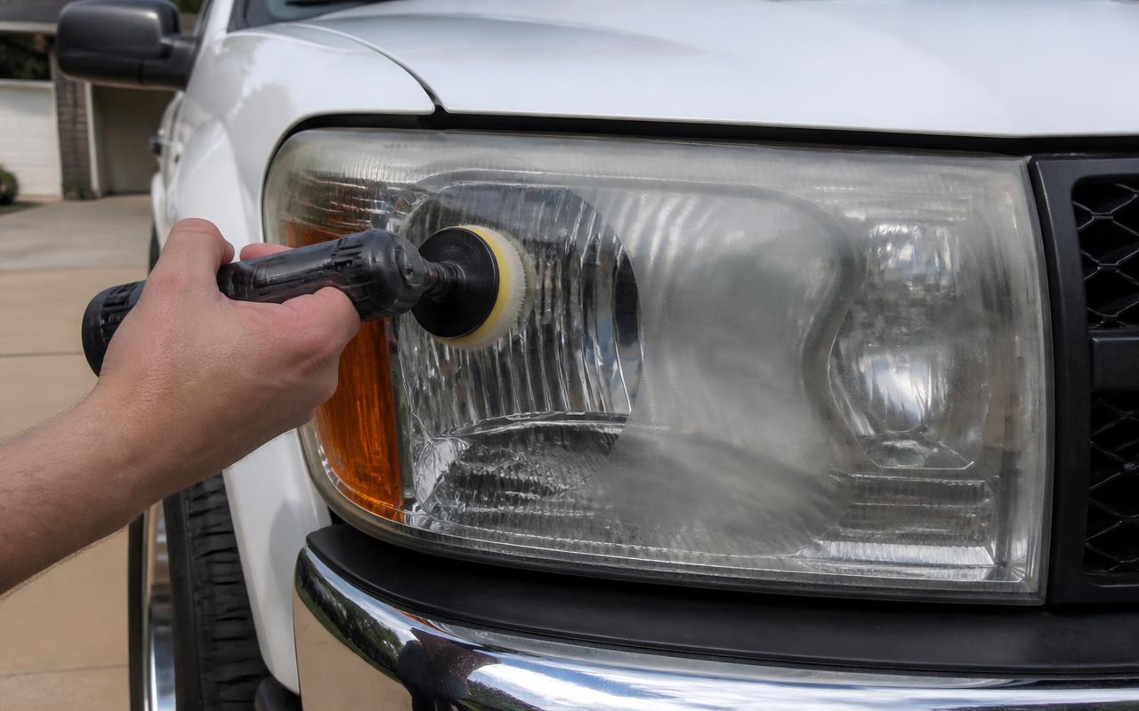 Hand polishing a hazy pickup truck headlight lens with a rotary restoration tool