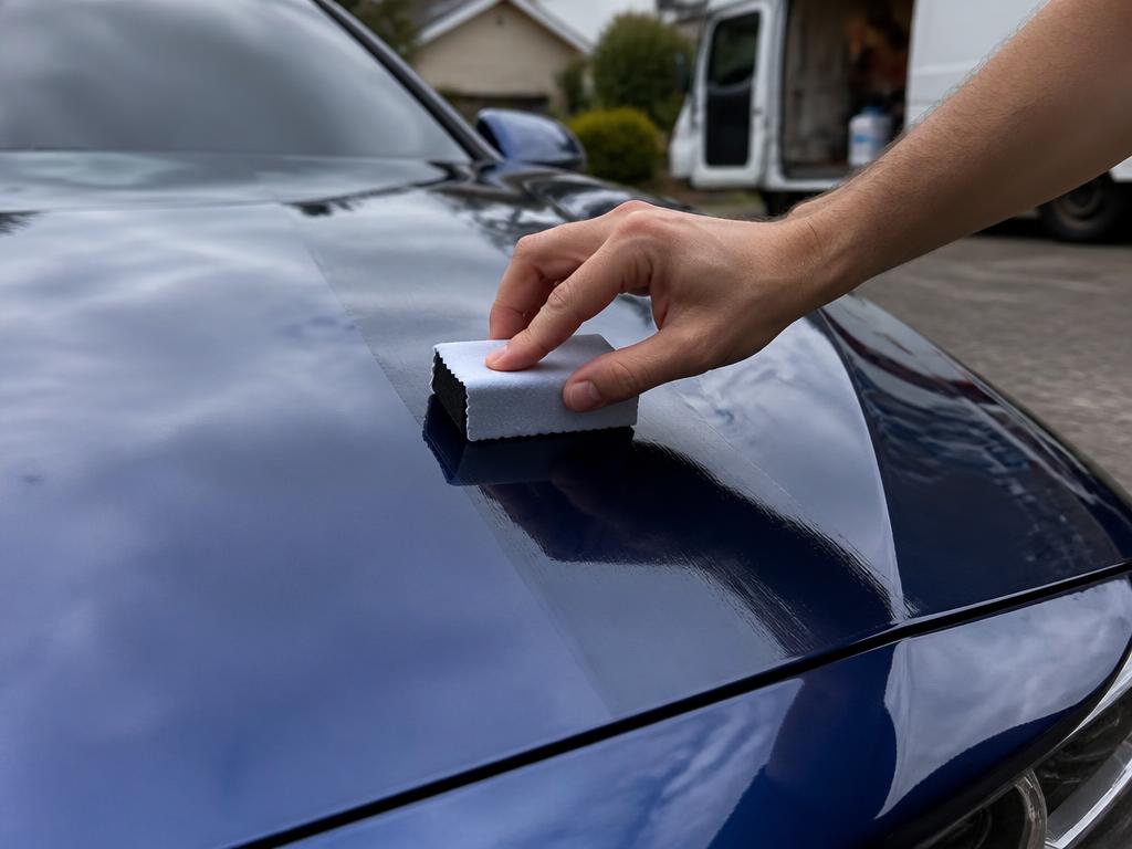 Hand spreading ceramic coating across a deep gloss dark blue car hood with a suede applicator block
