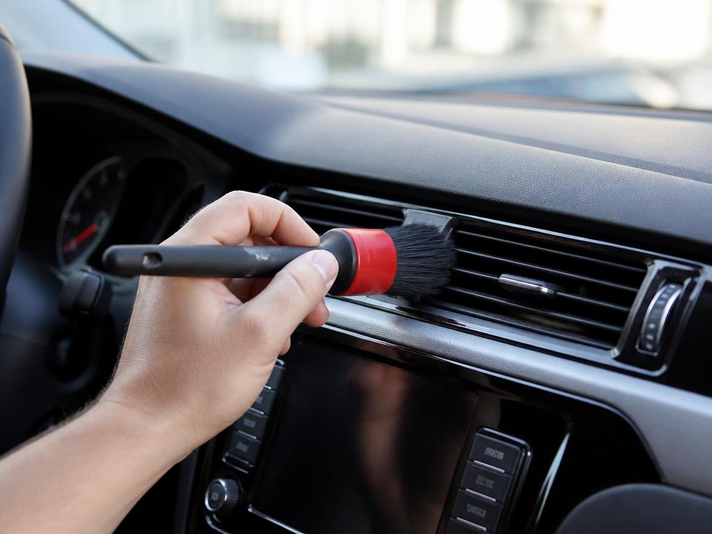 Hand using a soft detailing brush to clean the dashboard vents of a car interior